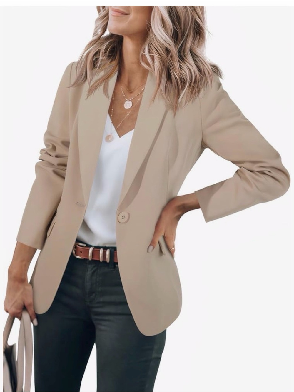 Women's Taupe Single-Button Blazer - Tailored Open-Front